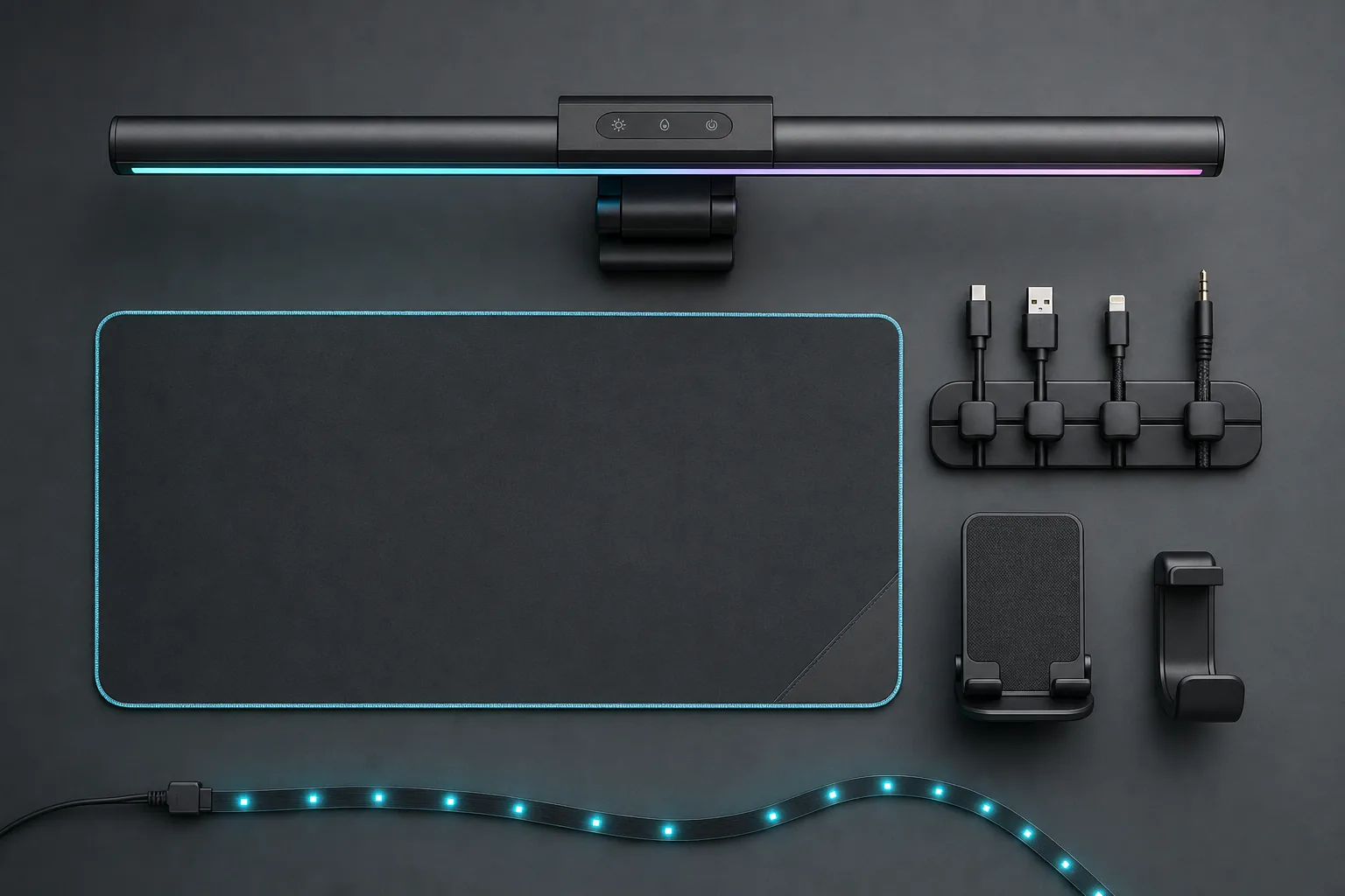A flat lay of desk setup accessories arranged on a dark surface